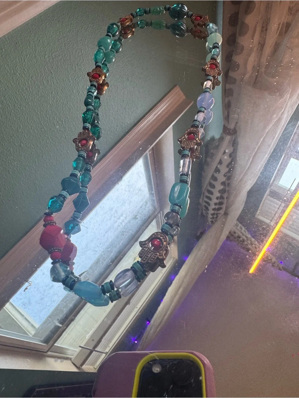Turquoise Multicolor Beaded Necklace with Red Accents